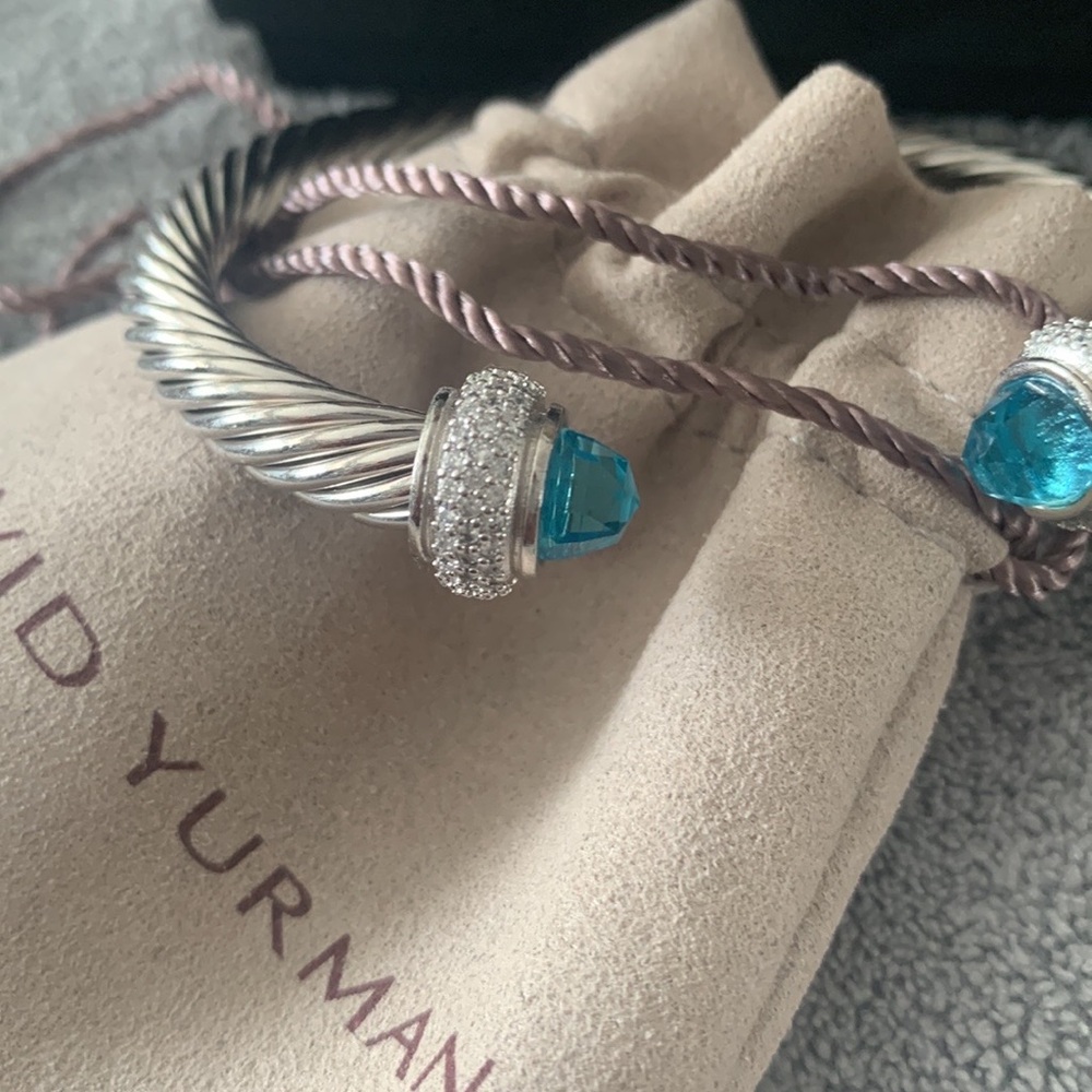 David Yurman Silver Cable Bracelet with Blue Topaz Terminals - Picture 9 of 10